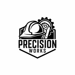 Fototapeta premium Industrial Precision Works Logo Featuring Hard Hat and Mechanical Components