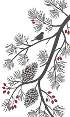 Winter Branch with Bird Berries and Pine Cones.