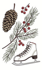 Winter Holiday Illustration with Pine Cone Berries and Ice Skate.