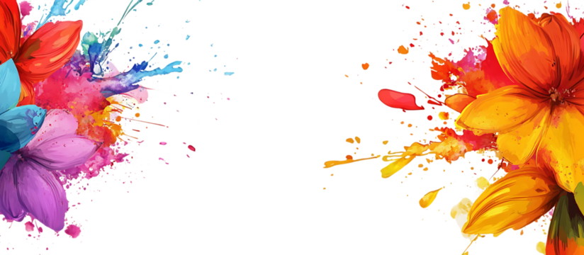 Colorful floral splashes with vibrant pink purple blue and orange petals and paint splatters isolated on a transparent background - Powered by Adobe