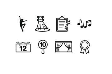 Performance and Arts Icons Set. Containing dancer, spotlight, clipboard, music, calendar, applauding, theater, award and more.