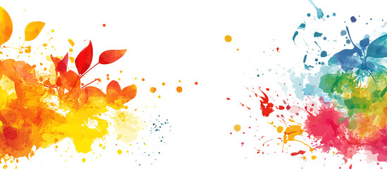 Colorful abstract floral splashes with vibrant orange yellow red green and blue paint strokes and dots isolated on a transparent background