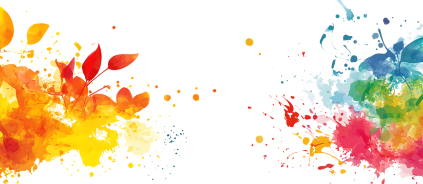 Colorful abstract floral splashes with vibrant orange yellow red green and blue paint strokes and dots isolated on a transparent background - Powered by Adobe