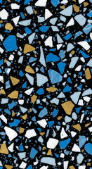 Vibrant terrazzo pattern with blue, white, and gold fragments on black background