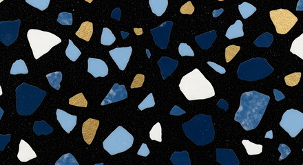 Vibrant terrazzo pattern with blue, gold, and white fragments on black background