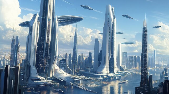 Future Metropolis: A vision of an urban utopia, showcasing a futuristic cityscape with sleek skyscrapers reaching for the sky, symbolizing innovation and technological advancement.