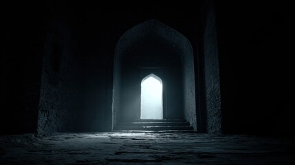 Fototapeta premium Exploring a Gothic Archway in a Historical Building During Low Light Conditions and Minimalist Design Elements