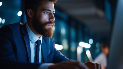 Faceless successful bearded businessman in formal suit working online on computer internet, professional digital work, corporate computing activity, defocused person, with copy space