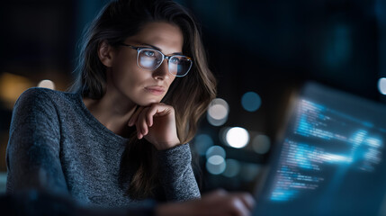 Faceless laptop code hologram and woman thinking of data analytics information technology or software overlay at night, computer and IT people solution with algorithm statistics cybersecurity