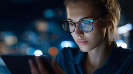 Faceless software coding hologram and woman on tablet thinking of data analytics digital technology and night overlay, programmer or IT person in glasses on 3D screen programming cybersecurity