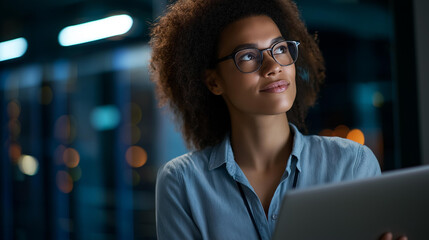 Faceless female mature multiracial e-business entrepreneur look away and holding laptop at data center server evening room, technology web services cloud computing and SAAS concept, defocused
