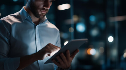 Faceless male engineer programs something while holding tablet computer in hands, works in dark modern high-tech office, high-speed data transfer and smooth server operation analytics, defocused
