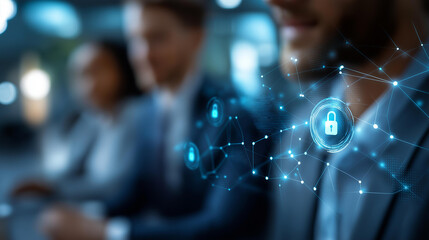 Cybersecurity concept global network security technology, faceless business people protect personal information, encryption with padlock icon on virtual interface, defocused professionals, with