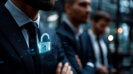 Cybersecurity concept global network security technology, faceless business people protect personal information, encryption with padlock icon on virtual interface, defocused professionals, with