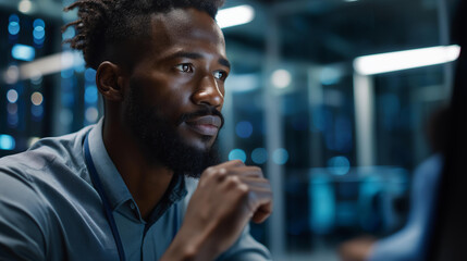 Faceless qualified IT developer expertly managing data while navigating in industrial server room, seasoned programmer ensuring optimal cybersecurity protection optimizing systems, defocused