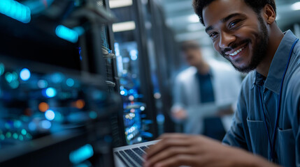 Faceless laptop server room and man on database network for maintenance programming software or typing, tech data center and happy engineer on system for information cybersecurity cloud