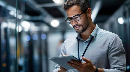 Faceless qualified IT developer expertly managing data while navigating in industrial server room, seasoned programmer ensuring optimal cybersecurity protection optimizing systems, defocused