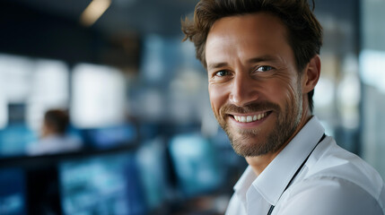 Faceless male cybersecurity analyst smiling at camera with security monitors in background, network security professional, threat monitoring specialist, defocused face, with copy space