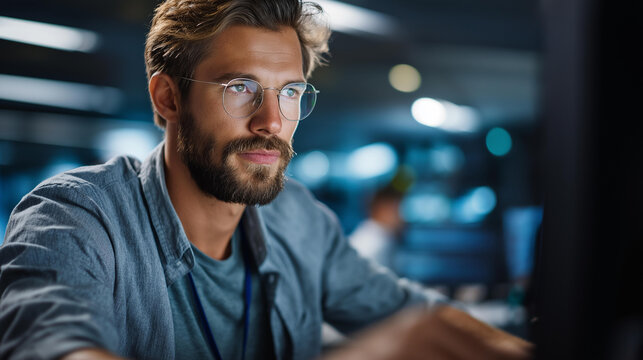 Faceless qualified IT developer expertly managing data while navigating in industrial server room, seasoned programmer ensuring optimal cybersecurity protection optimizing systems, defocused - Powered by Adobe