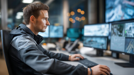 Faceless in system control room technical operator sits and monitors various activities showing on multiple displays with graphics, responsibility for information security in company concept,