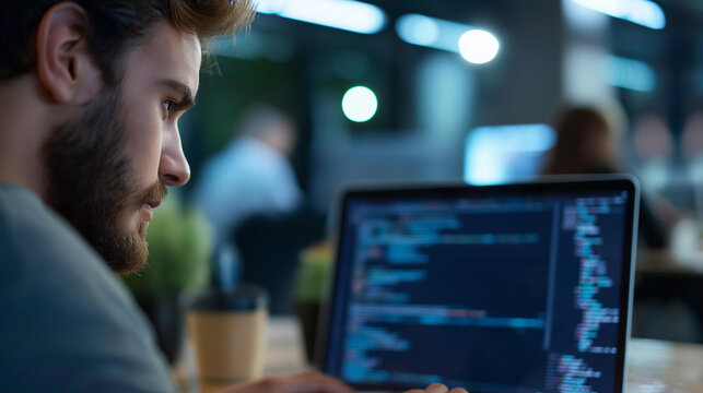 Faceless modern office portrait of motivated IT programmer working on laptop computer, male specialist create website, software engineer develop app program video game, stress free inclusive