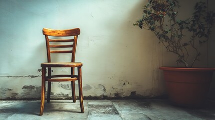 Old wooden chair next to potted plant against distressed wall