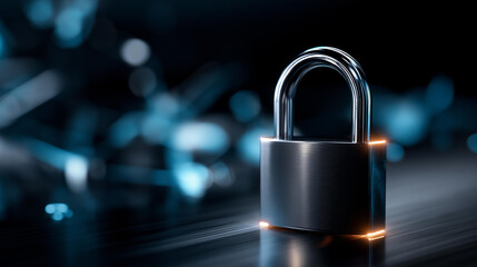 Digital padlock with glowing edges on dynamic abstract background, embodies cybersecurity concept, virtual lock visualization, network security symbolism, data protection representation, with