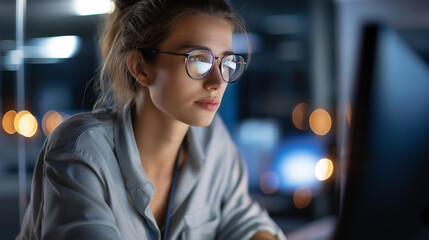 Faceless female engineer in glasses focused on computer screen, working on nighttime cybersecurity maintenance and networking in data center, security operations, defocused person, with copy