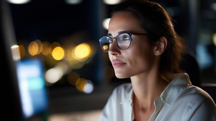 Faceless female engineer in glasses focused on computer screen, working on nighttime cybersecurity maintenance and networking in data center, security operations, defocused person, with copy