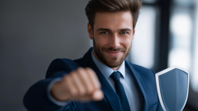 Faceless smiling employee in combative body pose with extended arm holding plain cybersecurity shield, security defense posture, digital protection stance, defocused person, with copy space