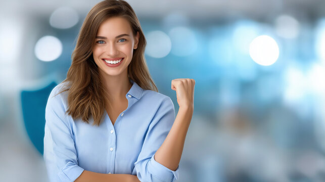 Faceless smiling employee in combative body pose with extended arm holding plain cybersecurity shield, security defense posture, digital protection stance, defocused person, with copy space