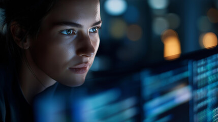 Faceless female coder in modern office environment surrounded by digital holographic data and interface elements, symbolizing cybersecurity and data analysis, defocused person, with copy space