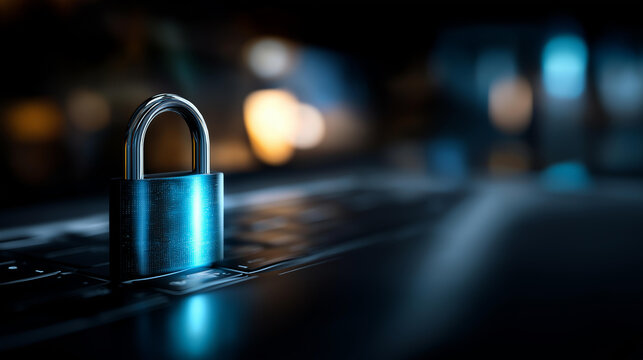 Digital padlock symbol on computer screen in modern office, futuristic cybersecurity and data protection concept, business data privacy, internet network security technology, with copy space - Powered by Adobe