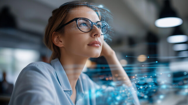 Faceless female coder in modern office environment surrounded by digital holographic data and interface elements, symbolizing cybersecurity and data analysis, defocused person, with copy space - Powered by Adobe