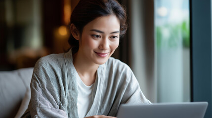 Faceless young housewife typing message on laptop while sitting on sofa, home computing activity, residential internet usage, domestic technology work, defocused person, with copy space
