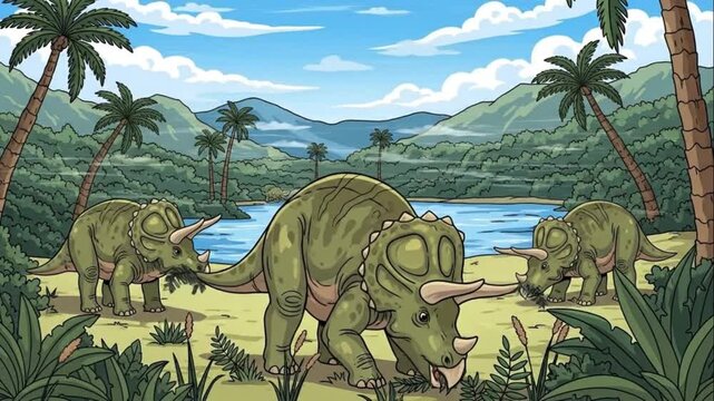 Triceratops Dinosaurs Cartoon Illustration in Prehistoric Landscape