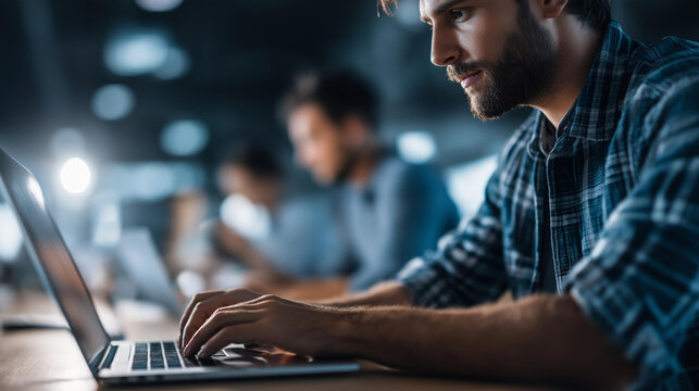 Faceless teamwork designer and men on laptop for software research or web design programming, technology problem solving or programmers in office for meeting discussion cybersecurity network in - Powered by Adobe