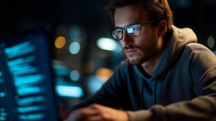 Faceless developer man and programmer code on computer screen with cybersecurity hologram analytics and SEO or working at night, technology coding and hacker on dark software safety IoT