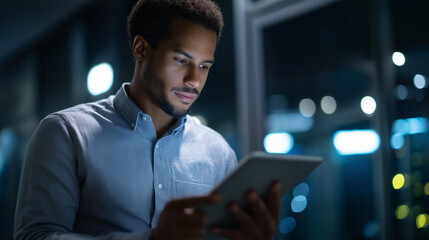 Faceless tablet man and reading in server room of technician programming at night, information technology focus and engineer in data center cybersecurity network or coding software system admin