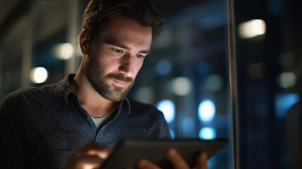 Faceless tablet man and reading in server room of technician programming at night, information technology focus and engineer in data center cybersecurity network or coding software system admin