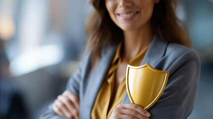 Faceless smiling employee in combative body pose with extended arm holding plain cybersecurity shield, security defense posture, digital protection stance, defocused person, with copy space