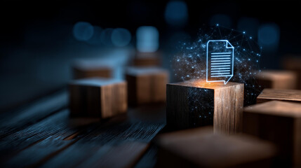 Cybersecurity protection and data security concept with document icon in wooden cube for document management, digital file data online records keeping, database technology file access doc