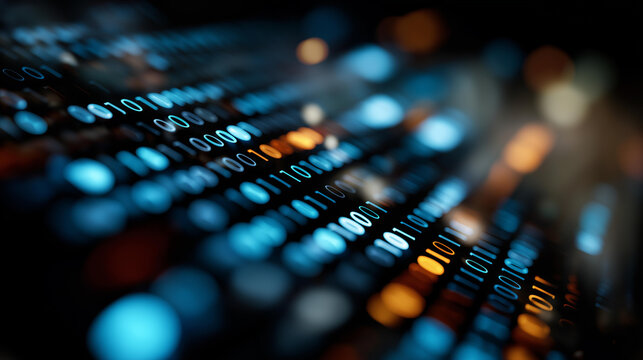 Decoding binary numbers on computer screen shallow depth of field, digital code analysis, computer language processing, programming visualization, software development detail, with copy space - Powered by Adobe