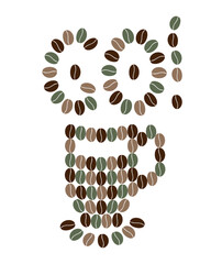 Coffee cup made of multicolor coffee beans and letters Go Like cute Coffee Mascot Minimalistic Flat. Isolated Vector illustration Coffee Themed Greeting or Motivation card Sticker Icon, label, price