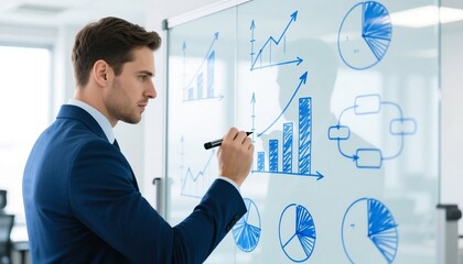 businessman in a navy blue suit writing on a transparent glass whiteboard with a marker
