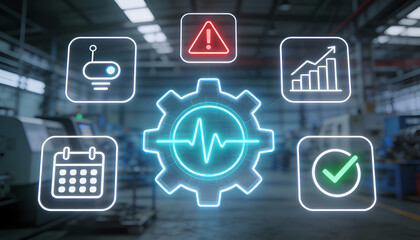 futuristic industrial manufacturing automation interface with glowing neon gear and digital icons for factory production monitoring maintenance scheduling and predictive analytics