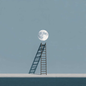 A staircase forms a ladder-like shadow stretching up to the moon.