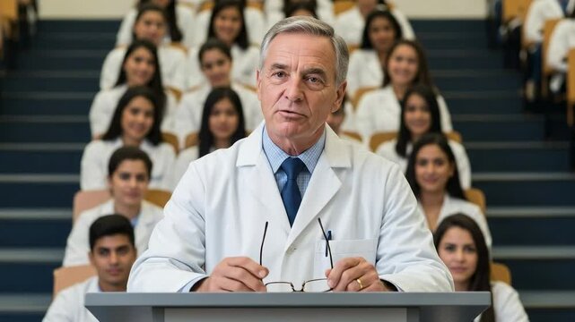 Male Medical Professor Engaging with Diverse Group of Graduate Students in White Lab Coats During Educational Lecture in Lecture Hall