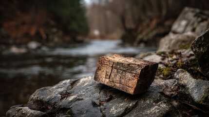 Rustic weathered log resting on a wet rock by a serene river
