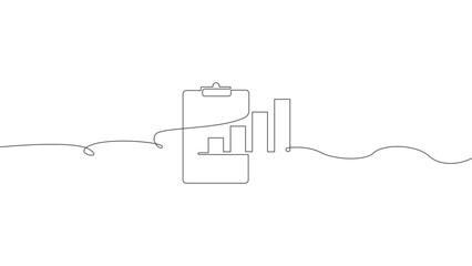 Continuous line clipboard with bar chart vector illustration, business report and data analysis growth concept